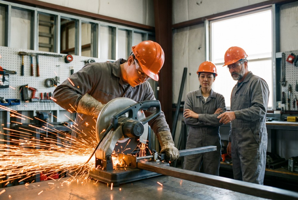 plant workers cutting steel